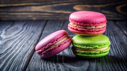 Wall Mural - A trio of macarons in pink and green hues, nestled against a rustic wood backdrop. The delicate cookies, with their smooth, vibrant colors and subtle textures, invite a taste of sweet indulgence.