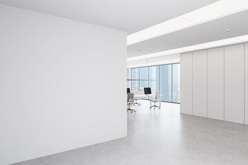 Wall Mural - Minimalist open office space with blank white wall and large windows. 3D Rendering