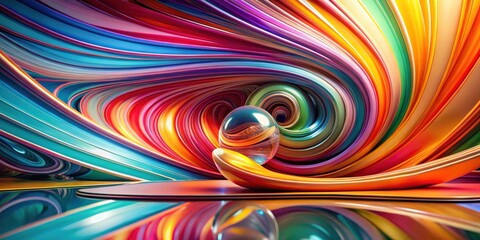 Poster - A sphere rests upon a curved, multi-colored, abstract shape, surrounded by a swirling, colorful vortex of lines and abstract forms