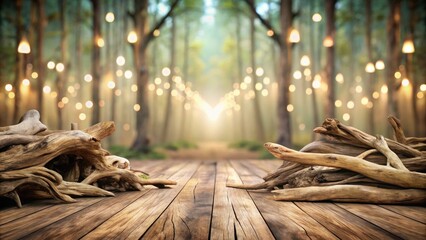 Poster - Rustic wooden planks with gnarled driftwood on the edge in front of a magical forest with fairy lights and soft, warm glow