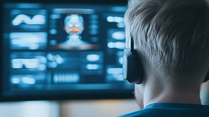 Wall Mural - focused programmer: a programmer wearing headphones intently focuses on a computer screen filled wit