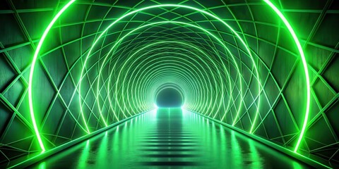 Leinwandbilder - A luminous green neon tunnel adorned with intricate geometric patterns, creating a futuristic and ethereal atmosphere.