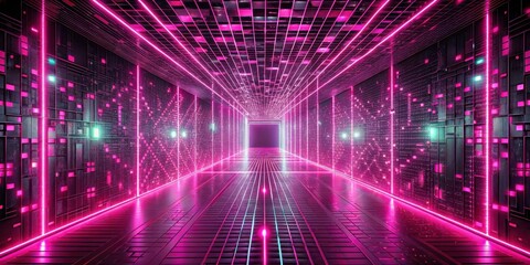 Leinwandbilder - A Futuristic Neon Corridor Illuminated by Pink and Blue Lines, Featuring a Grid Pattern on the Ceiling and Walls, Creating a Vibrant and Dynamic Visual Composition