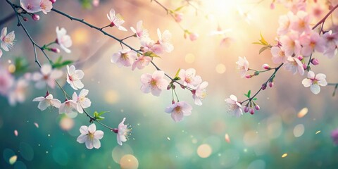 Wall Mural - Delicate Spring Blossoms Against a Softly Blurred Background of Warm Sunlight and Gentle Green Hues