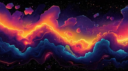 Wall Mural - Vibrant cosmic nebula with glowing waves and intricate hand-drawn details
