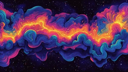 Wall Mural - Vibrant swirling nebula with glowing cosmic waves and intricate hand-drawn details