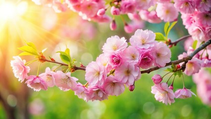 Aufkleber - Delicate Pink Blossoms Bask in the Warm Glow of the Sun, Their Petals Unfurling in a Symphony of Spring
