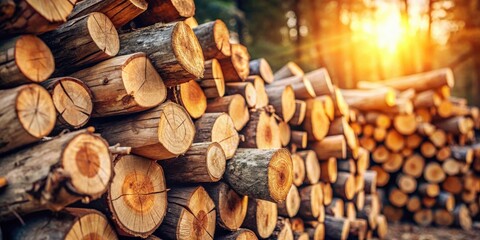 Aufkleber - A stack of neatly arranged logs in a forest, bathed in the golden glow of the setting sun, a testament to nature's enduring beauty and cyclical renewal