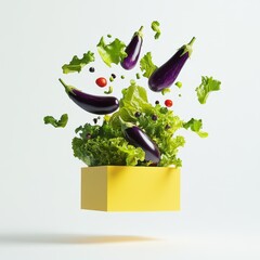 Eggplants, lettuce, box, food, studio, flying, healthy, background,  website, advertising