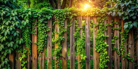 Aufkleber - A rustic wooden fence, weathered and aged, stands tall, adorned with a vibrant tapestry of climbing ivy, its emerald green leaves catching the warm glow of the setting sun.