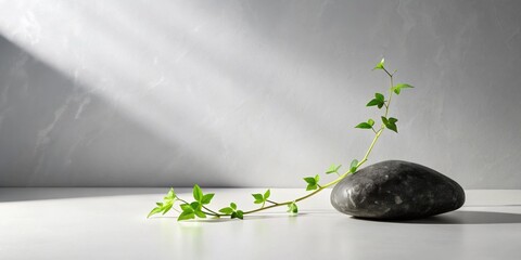 Aufkleber - Minimalist Still Life of a Single Green Plant Branch Growing on a Smooth Gray Stone Against a White Background with Subtle Lighting