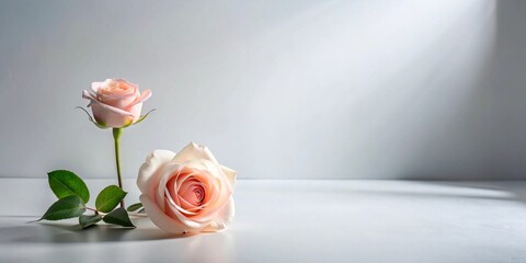 Poster - Two delicate pink roses with green leaves on a simple white background with soft light shining on the roses.