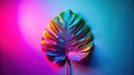 Poster - A single tropical leaf bathed in vibrant iridescent light, showcasing the intricate details and textures of nature's artistry