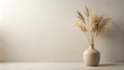 Poster - Dried Pampas Grass in a Beige Vase on a White Table Against a Neutral Wall