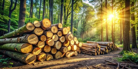 Aufkleber - A stack of cut logs rests in a forest clearing as the sun peeks through the trees, casting a warm golden glow on the wood and the surrounding foliage.