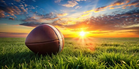 Aufkleber - A football sits on a grassy field at sunset, the golden light casting long shadows and highlighting the leather texture.