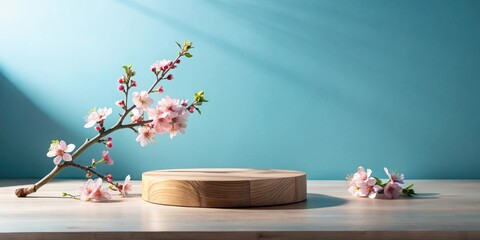 Aufkleber - Wooden Podium Decorated with Delicate Pink Flowers and a Light Blue Background