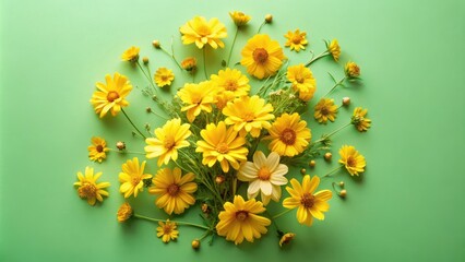 Wall Mural - A vibrant arrangement of yellow daisies scattered across a soft green background, creating a delightful and cheerful floral display.