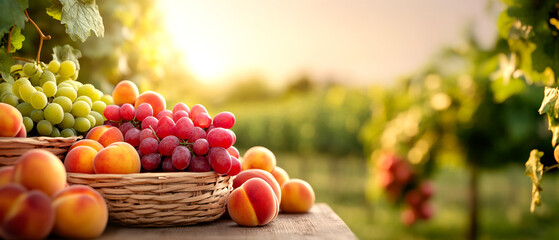 Wall Mural - A picturesque scene featuring baskets of fresh grapes and peaches, set against a sunlit vineyard backdrop, evoking a sense of abundance and nature's beauty.