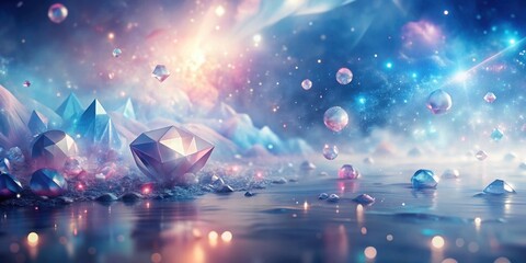 Aufkleber - A Surreal Dreamscape of Sparkling Crystal Formations and Floating Spheres against a Glowing Sky with a Watery Reflection