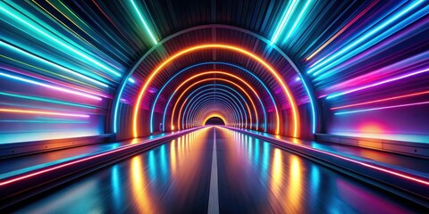 Leinwandbilder - Neon lights illuminate a futuristic tunnel with a glowing road leading towards a bright exit