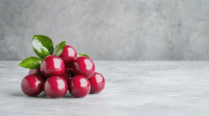 Wall Mural - Ripe red cherries with leaves on grey background, food photography