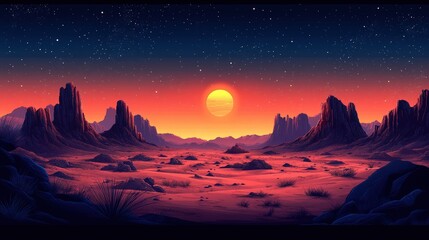 Poster - Exquisite Desert Landscape with Majestic Mountains Under a Starry Sky at Sunset Captivating View of Nature's Beauty and Serenity