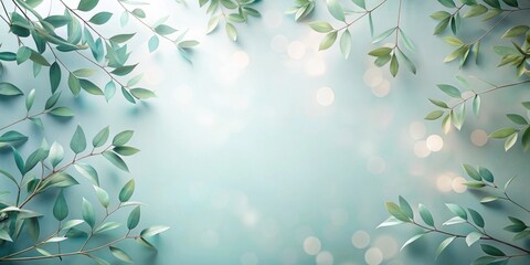 Aufkleber - A delicate arrangement of lush green leaves adorning a soft, muted aqua background, with the abstract bokeh effect enhancing the image's serene aesthetic.