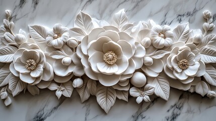 Canvas Print - White floral bas-relief marble background design