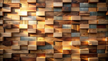 Fototapete - A textured wall constructed from a mosaic of wooden blocks, illuminated by warm sunlight. The various shades of wood create a dynamic, organic pattern.