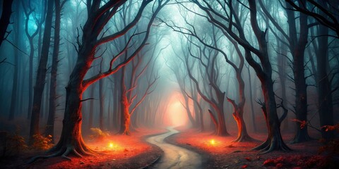 Poster - A winding path through a dense forest with tall, slender trees and ethereal fog illuminated by glowing embers