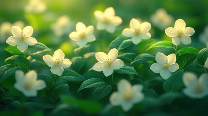 Canvas Print - White flowers blooming in sunlight, green meadow, spring