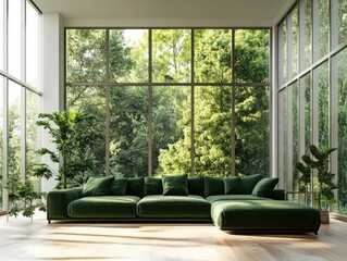 Wall Mural - Modern Living Room with Green Sofa and Large Windows