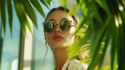 a captivating image of a stylish woman soaking in the warm sun, framed by greenery at masdar city, e