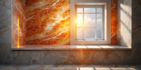Fototapete - A sunlit window casts warm light on a marble bench, creating a serene and inviting space.