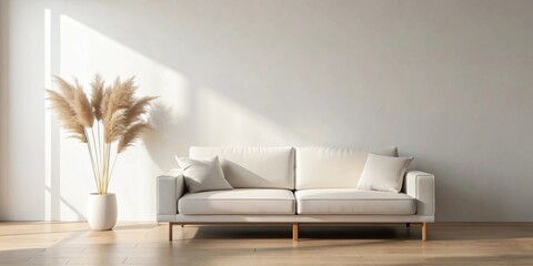 Poster - A minimal living room interior with a white sofa, a vase of dried pampas grass, and a sunbeam illuminating the space.