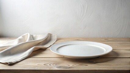 Poster - A Clean White Plate and a Linen Napkin on a Rustic Wooden Tabletop, Perfect for Displaying Food or Other Products