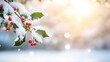 © logitech - Snow-covered holly berries branch, winter sun, bokeh background, festive holiday greeting card