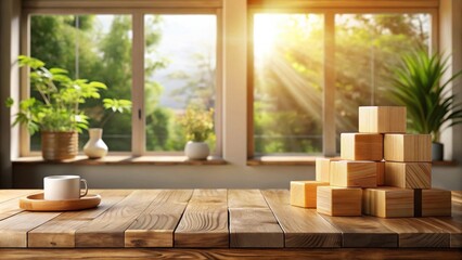Aufkleber - A wooden tabletop with a cup of coffee and a stack of wooden blocks in front of a window with a view of lush green foliage and sunlight streaming in.