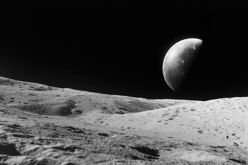 Wall Mural - A colossal ringed planet in the distance, seen from the surface of a moon