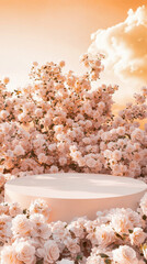 Wall Mural - a circular white platform, surrounded by blooming white roses