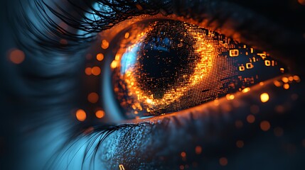 Digital Eye, Data Flow, Glowing Iris, Close-up, Abstract Background, Tech Concept
