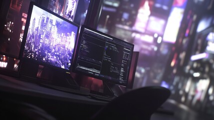 Night city coder works on screens