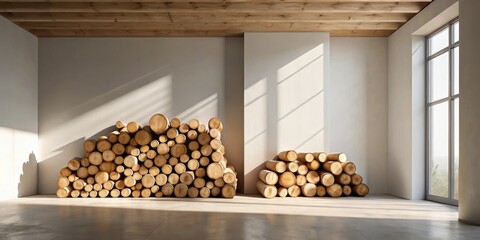 Poster - Minimalist interior design featuring a large window, wooden ceiling beams, and stacked logs against a white wall.