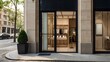 © MDFUAD - A modern boutique with large glass windows and a blank nameboard above the entrance. The board is clean and sleek, with room for any store name or logo, set against a bustling city street.