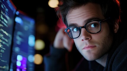 Programmer coding late night, office, screen glow, problem-solving, website development