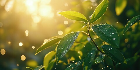 Wall Mural - sunlit drops on green leaves