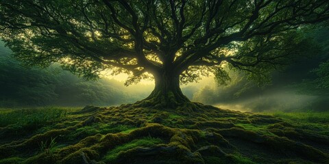 Poster - Majestic Ancient Tree Towers into the Sky with Sprawling Roots Illuminated by Soft Golden Light in Serene Forest Landscape