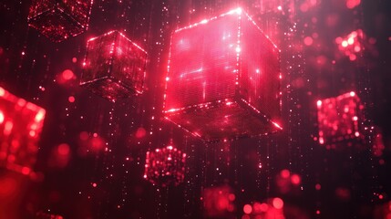 Red glowing cubes falling, bokeh background, digital art, abstract design