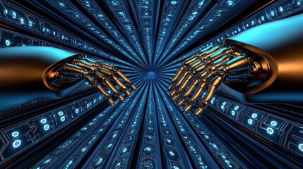 Robotic hands connect in digital tunnel, binary code background, AI concept